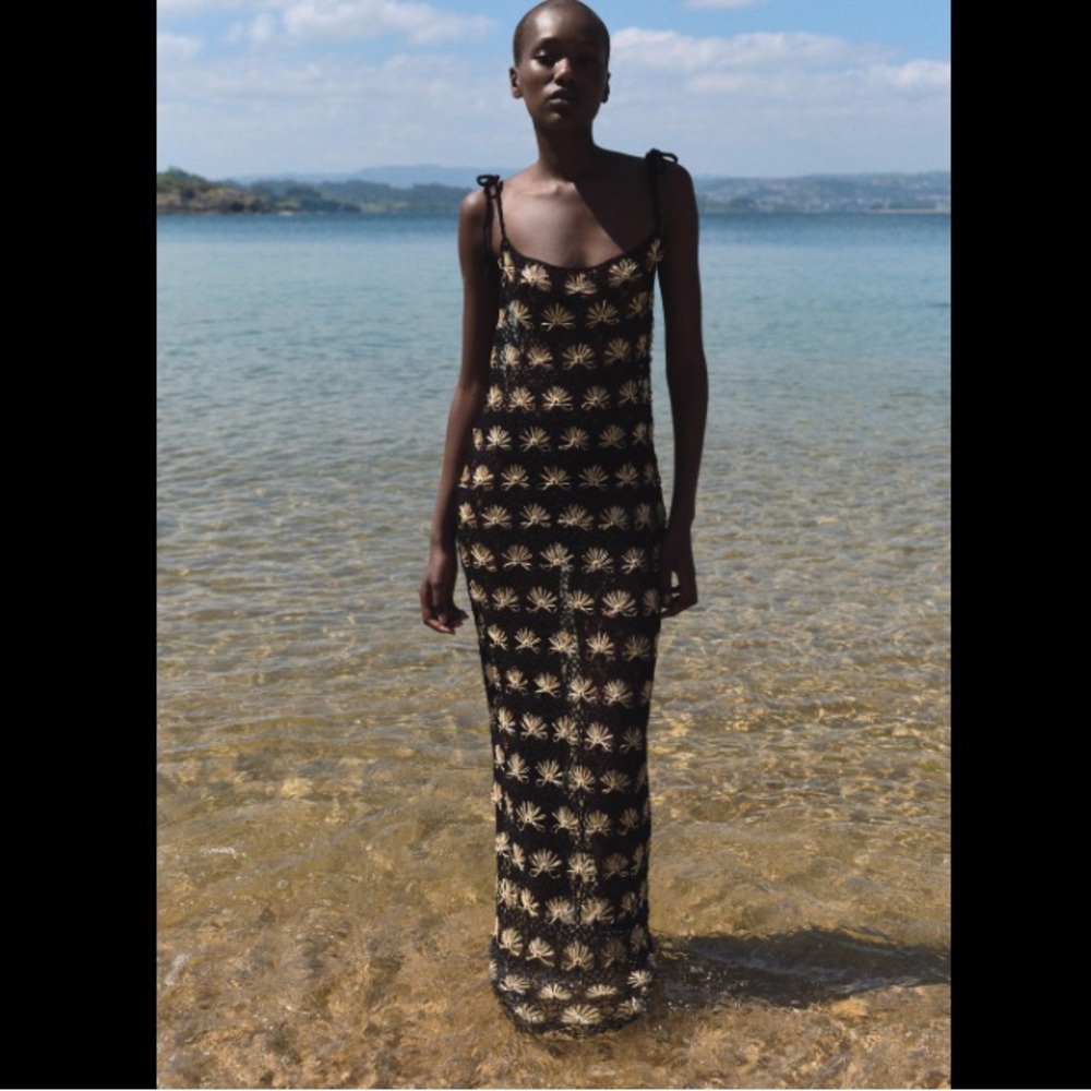 Zara Long crochet open knit rattan Black tan Women's bathing suit cover Dress